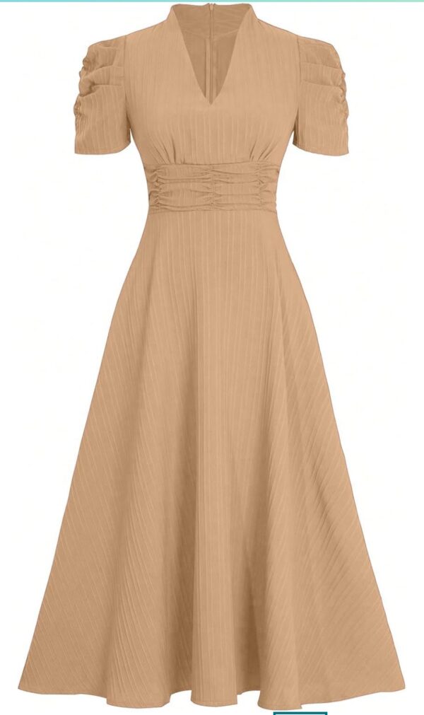 Skin Color Shasmi Girl's & Women's Solid Color V-Neck A-Line Maxi Dress for Women | New Year Party Outfit | Waist Cinched Puff Sleeve Western | Elegant Casual Wear (Dress 246